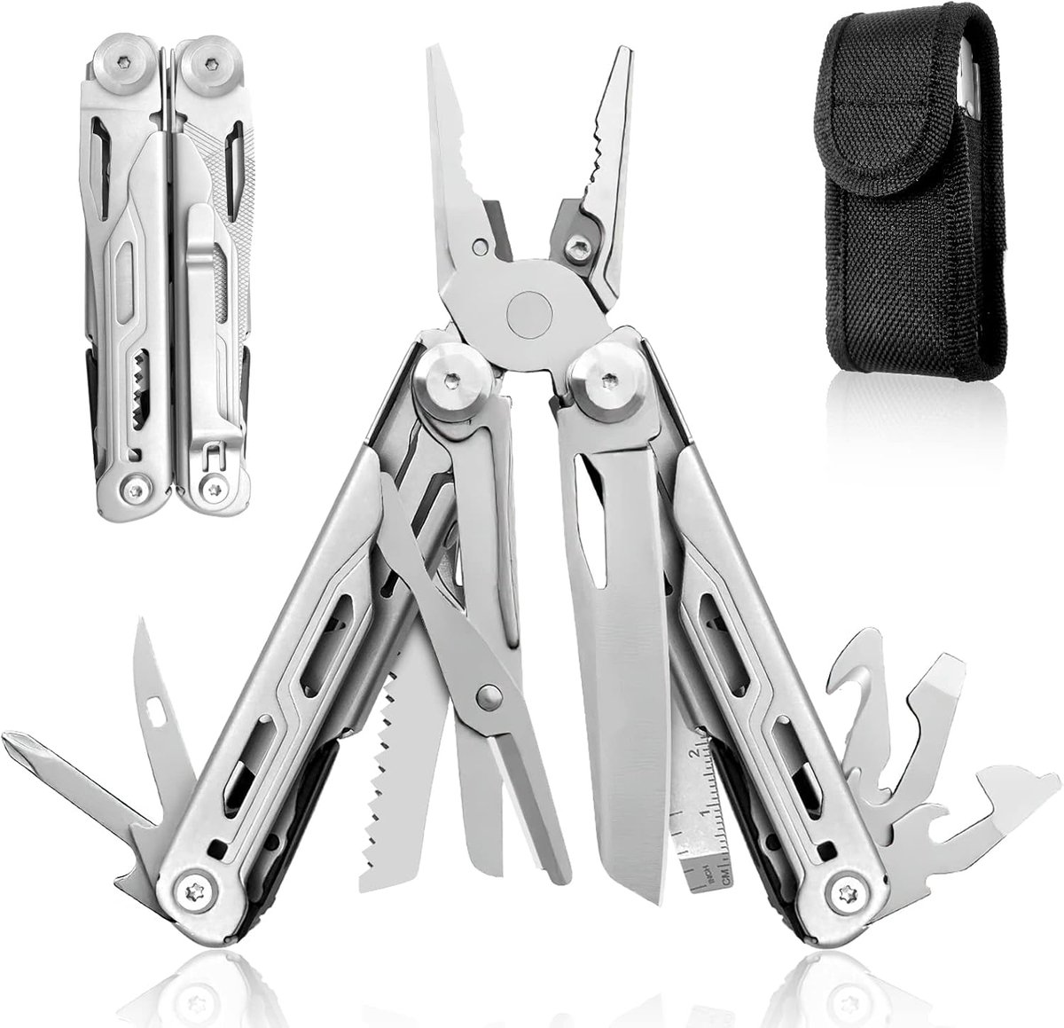 18-in-1 multitooltang Roestvrijstalen zakmultitool, draadsnijders, schaar, schroevendraaier, fles- en blikopeners, met nylon omhulsel, outdoor-kampeeruitrusting, repareren