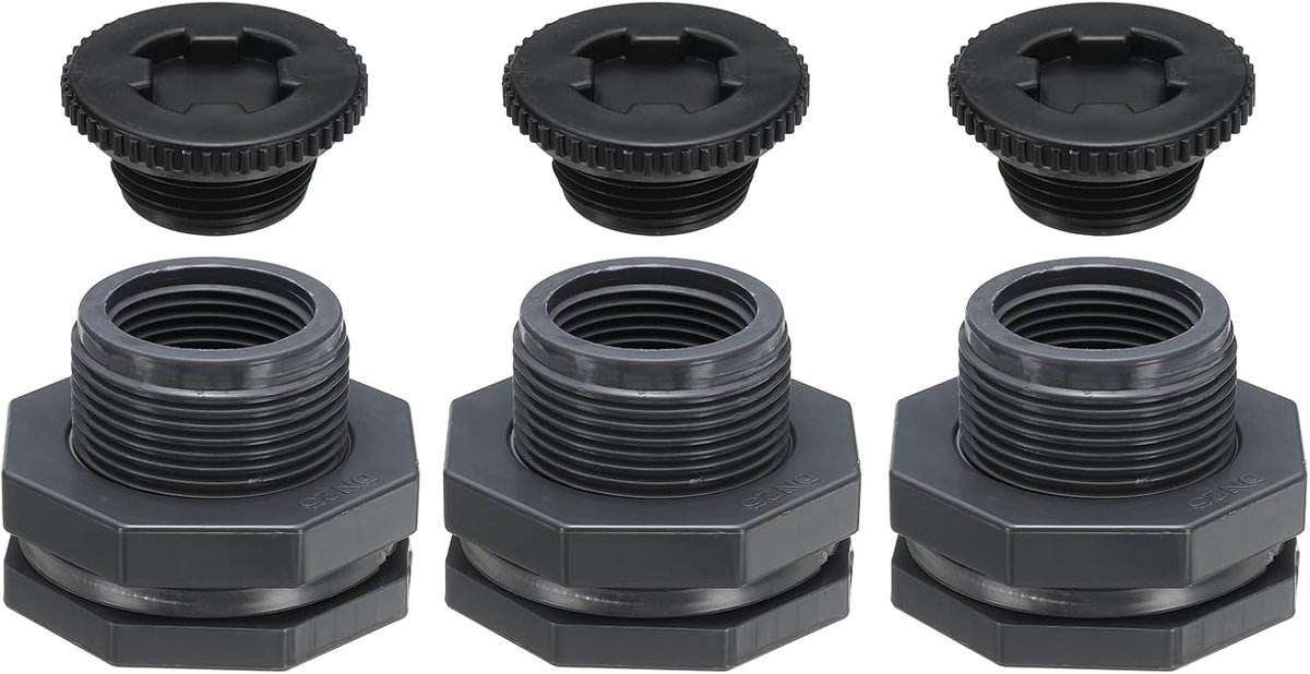 PVC schot fitting met plug G 1, 3 stuks dubbele schroefdraad schot watertank connector met PVC afdichting pakking voor regenemmer, gootstenen, aquaria, grijs