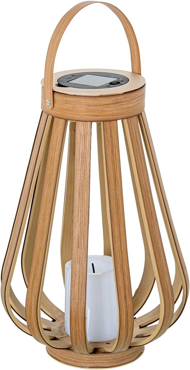 Lantaarn op zonne-energie voor tafel of vloer van hout en metaal, naturel en zwart, met led-kaars 23 x 23 x 40 cm