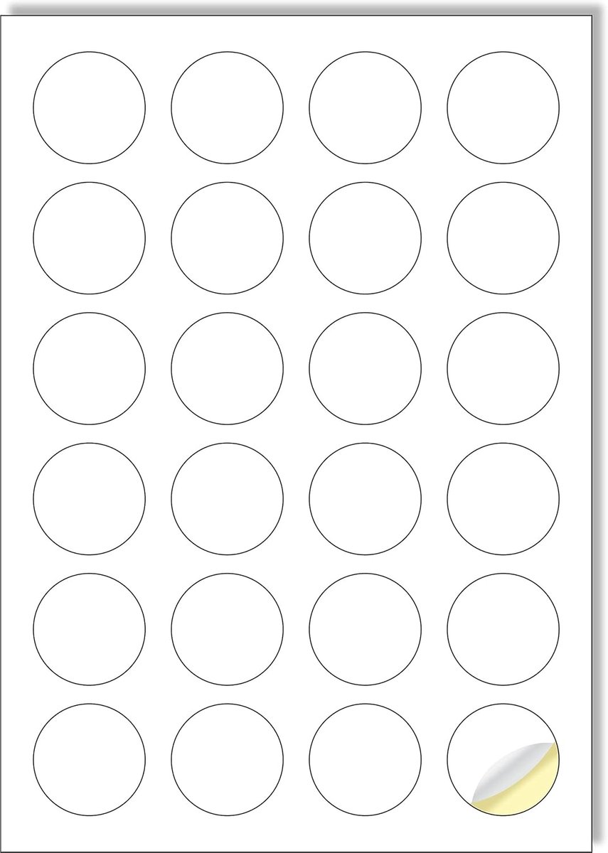 24 ronde etiketten per vel, 25 A4-vellen, afdrukbare witte stickerpapieren etiketten voor laser-/inkjetprinters gemaakt in Europa - stickerformaat rond 40 mm