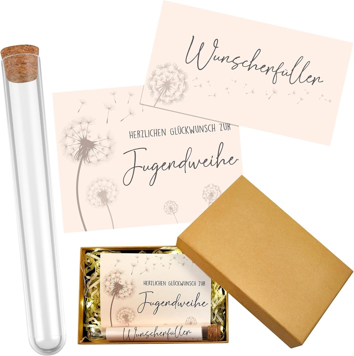 Cadeau voor de jeugdwijding inclusief wenskaart voor jeugdwijding, kaarten voor reageerbuisjes, reageerbuisje met kurk, geschenkdoos, lichtketting, geldgeschenken voor jongeren, geldcadeau,