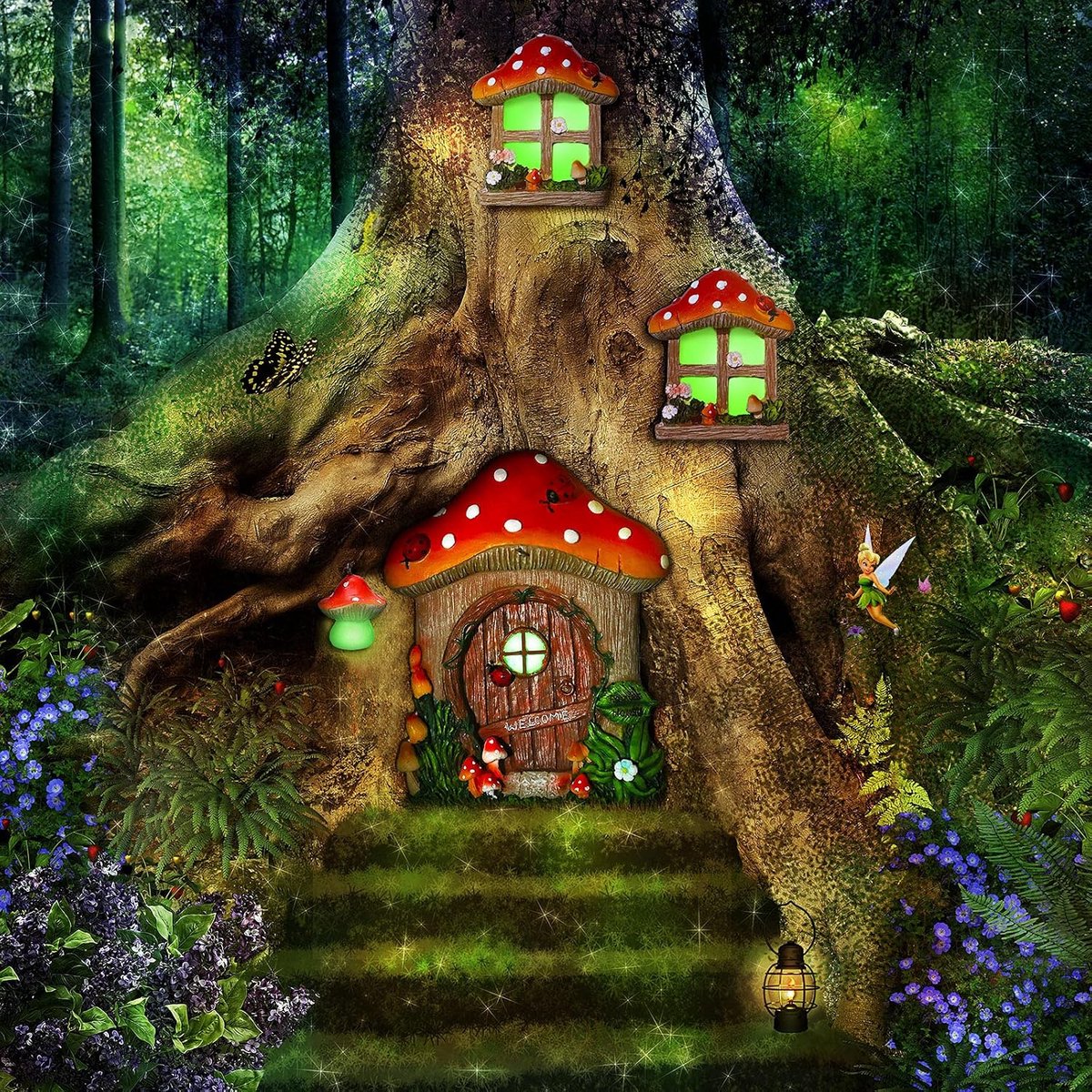 Miniatuurhuis, raam en deur met lamp voor kattenbakvulling in het donker, feeënslaapkamerdeur, raam, binnenplaats, tuinsculptuur voor decoratie, bomen en tuin (paddenstoelstijl)