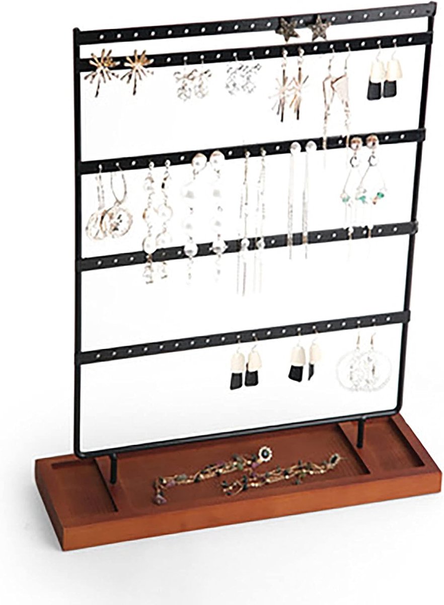 oorringen, display standaard, sieradenstandaard, oorbelhouder, oorring, opbergstandaard met houten basis, 100 gaten en 5 niveaus voor dames en meisjes, oorbellen, kettingen, armbanden