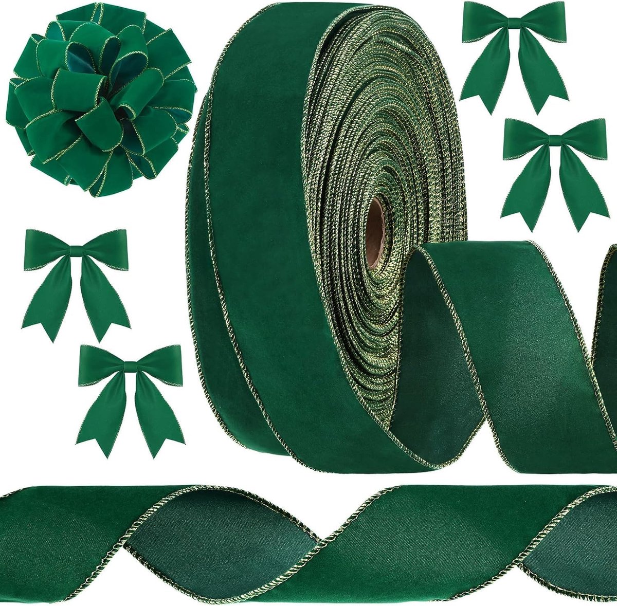 28M Kerst Fluwelen Lint, 6,3 cm Breedte Bedraad Fluwelen Lint Waterdicht Inpakken Fluwelen Linten met Gouden Rand voor Xmas Geschenkverpakking Kerstboom DIY Krans Kerst Boog Decoratie (Groen)
