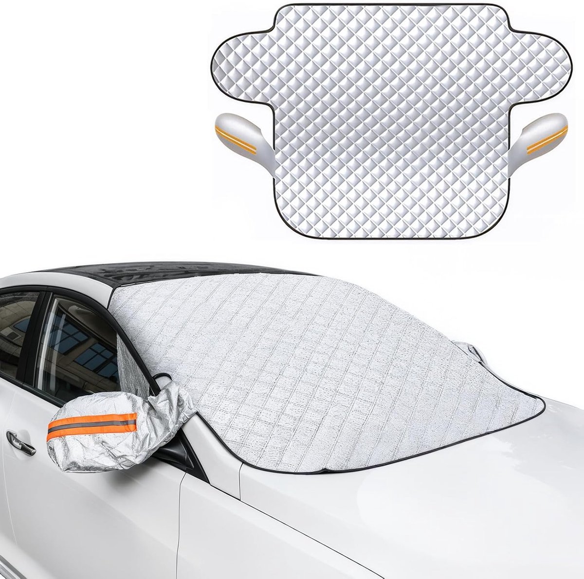 KZQ Sneeuwhoes voor de autovoorruit - magnetische sneeuwhoes voor de voorruit - 160x116cm - geschikt voor sneeuw, ijs, vorst en zonlicht; autovoorruithoes met bescherming voor de zijspiegels.