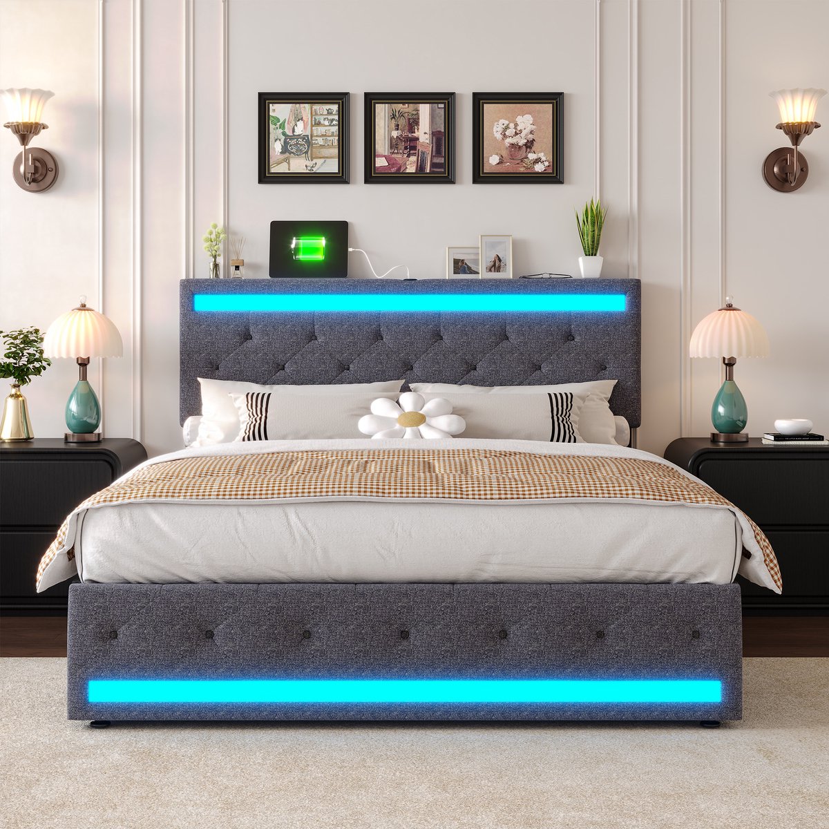 Tweepersoonsbed 180x200 cm, linnen gestoffeerd bed met led hoofd- en voeteneinde, 4 metalen lades, usb aansluiting en opbergruimte, donkergrijs, zonder matras