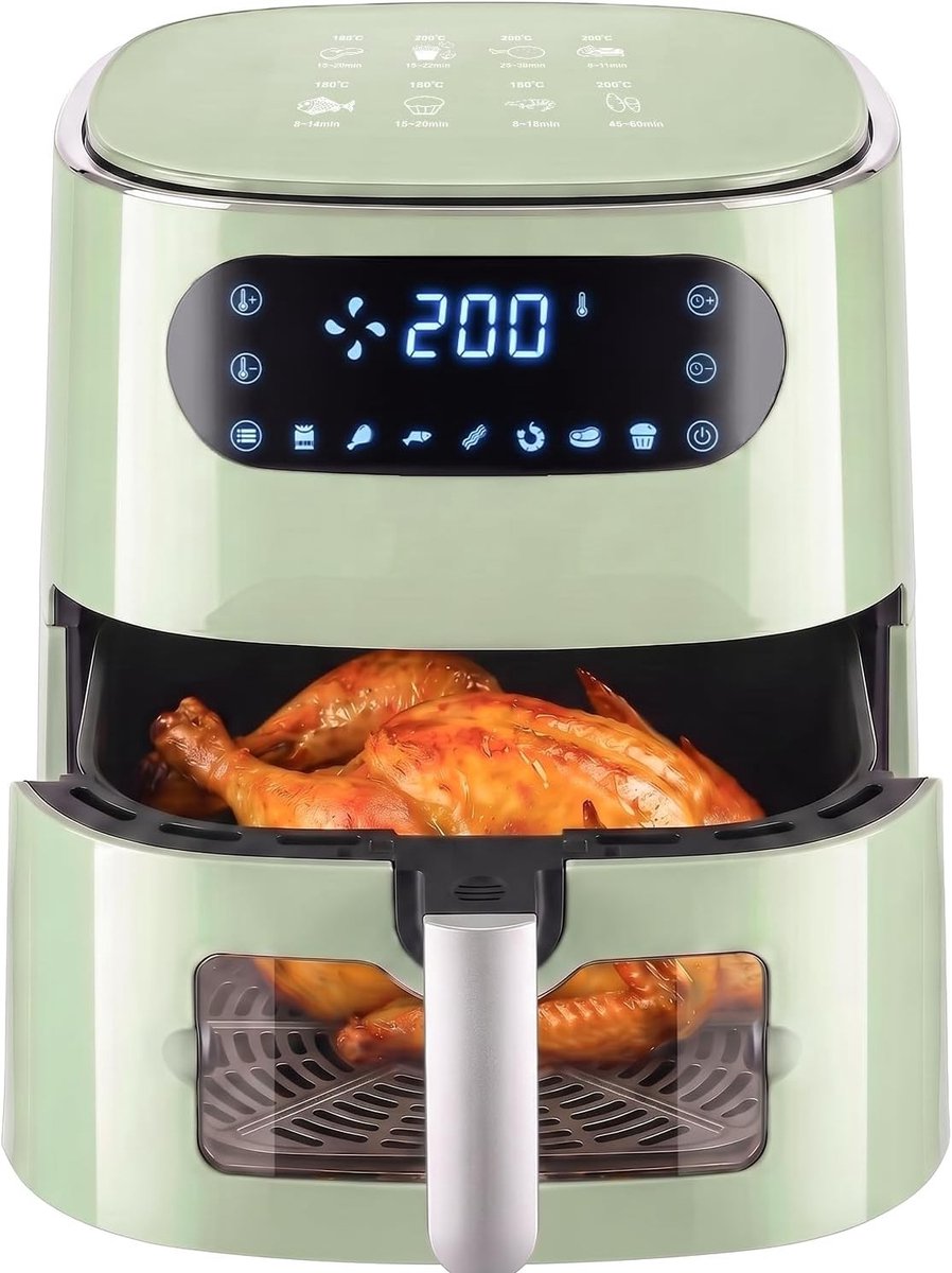 Heteluchtfriteuse - Groen - 6 liter - Met Kijkvenster en Touchscreen - Voor de Gezinskeuken
