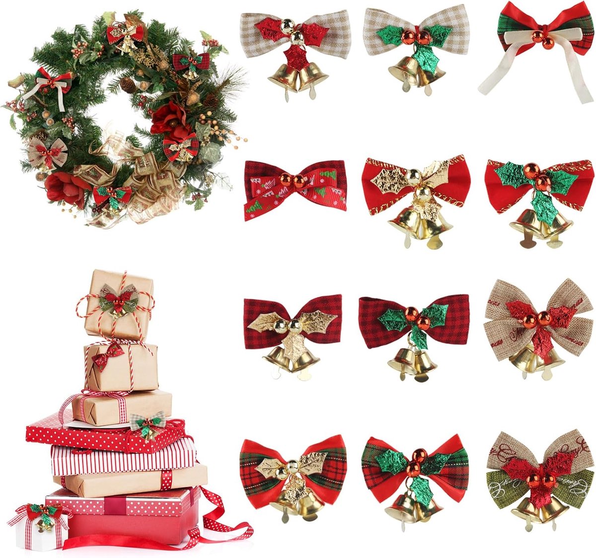 Strikken, kerststrikken, kerstboom met klokken, kerstboombogen, linnen geruit, cadeaustrik, kerstdecoratie voor kerstboom, decoraties, doe-het-zelf kunst handwerk