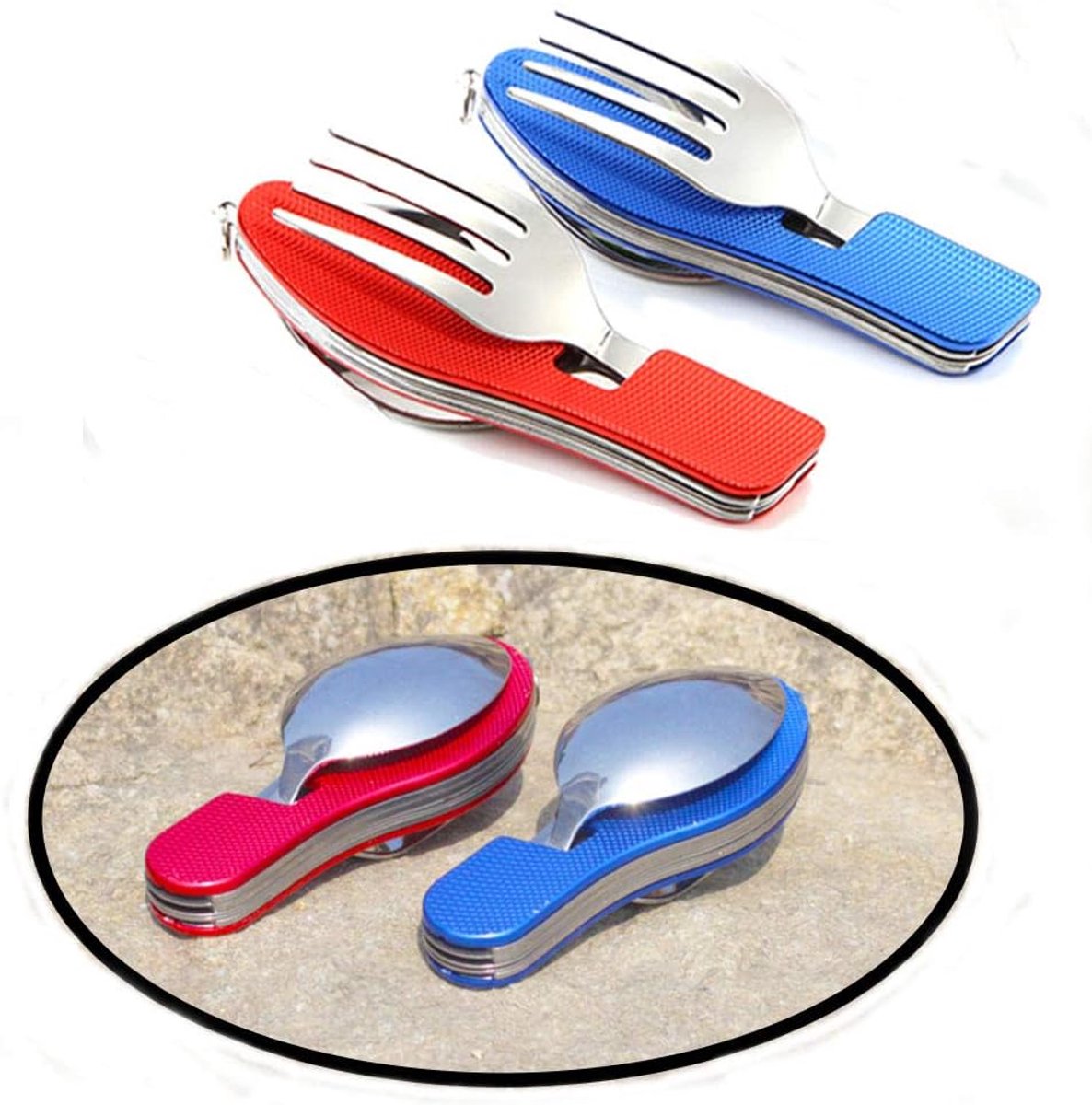 2 stuks 4-in-1 campingservies campingmateriaal set roestvrij staal vork lepel set flesopener camping bestek/reizen/survival - opvouwbaar afneembaar-rood, blauw