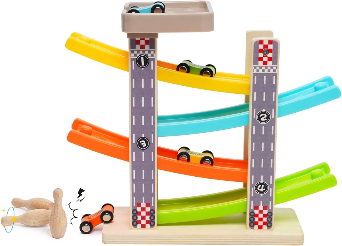 autoracebaan, hout, met 4 auto's en 3 bowlingballen, zigzag, autoracebaan, hout, speelgoed, racebaan, educatief speelgoed, cadeau voor kinderen, jongens, geschenken