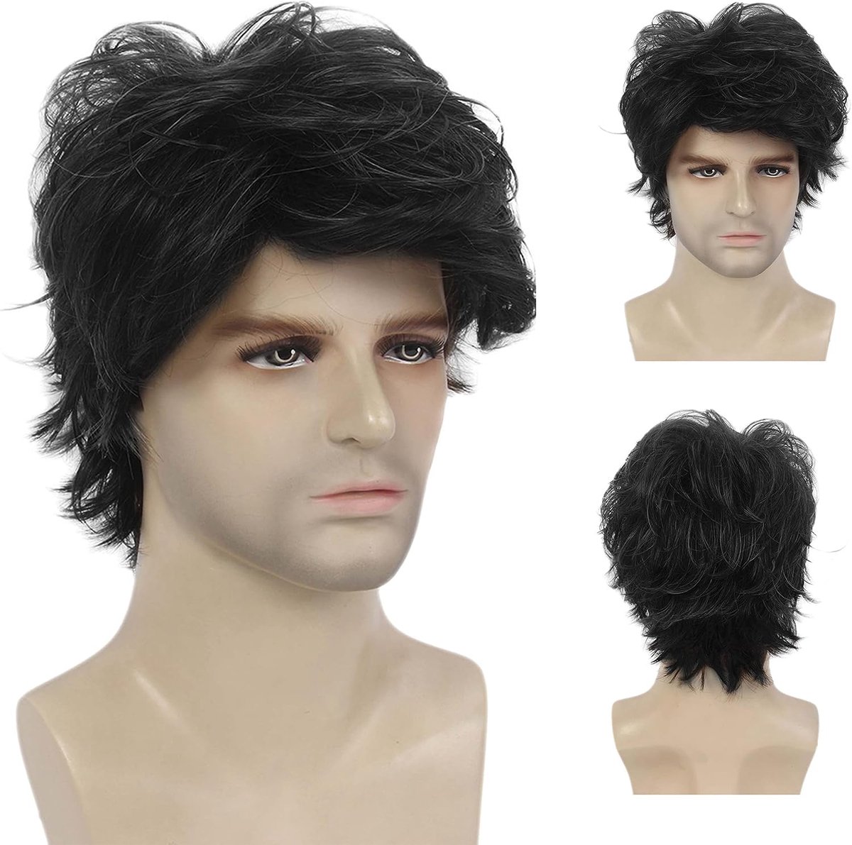 Heren Pruiken Korte Gelaagde Krullend Golvend Mannelijke Pruik Mens Synthetische Vezel Dagelijks Cosplay Halloween Volledige Pruik (zwart)