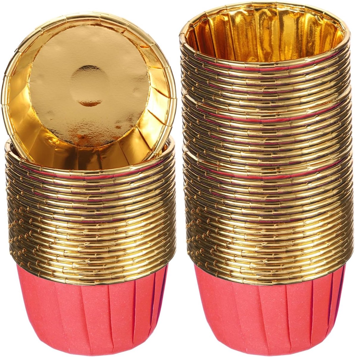Metallic folie cupcake-vormpjes voor het bakken van cupcakes, 50 stuks cupcake-muffinvormpjes, cupcake-houder, papieren vormpjes voor bruiloften, douches, geschenken, rood/goud