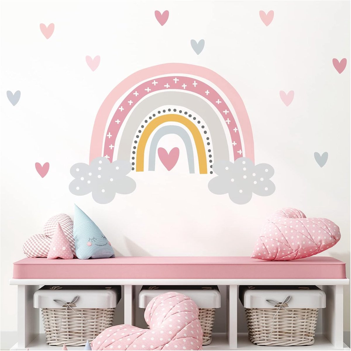 Deco Muursticker regenboog met harten I Muurschildering 109 x 60 cm (b x h) I Wolken Muurtattoo Meisje Kinderkamer Decoratie Foto's Sticker Sticker DL479