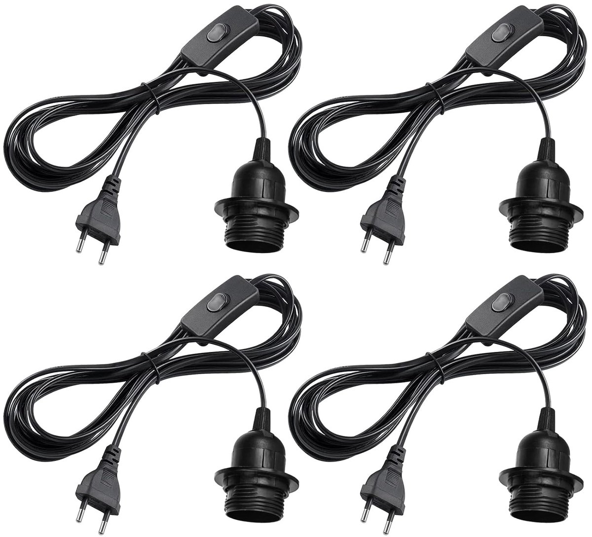 4 stuks E27 lamphouders met schakelaar, E27-fitting met 3,5 m kabelschroefring, lampvoet lampkabel met stekker, geschikt voor lampophanging, hanglamp, slaapkamer, eetkamer, balkon