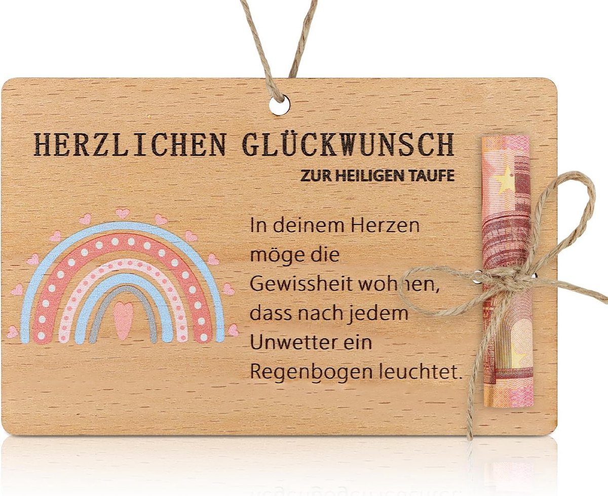Doopgeschenken voor meisjes jongens doopkind, mooi geldgeschenk doop van hout, kaart doop met regenboogdesign, geldcadeaubon geldgeschenkverpakking