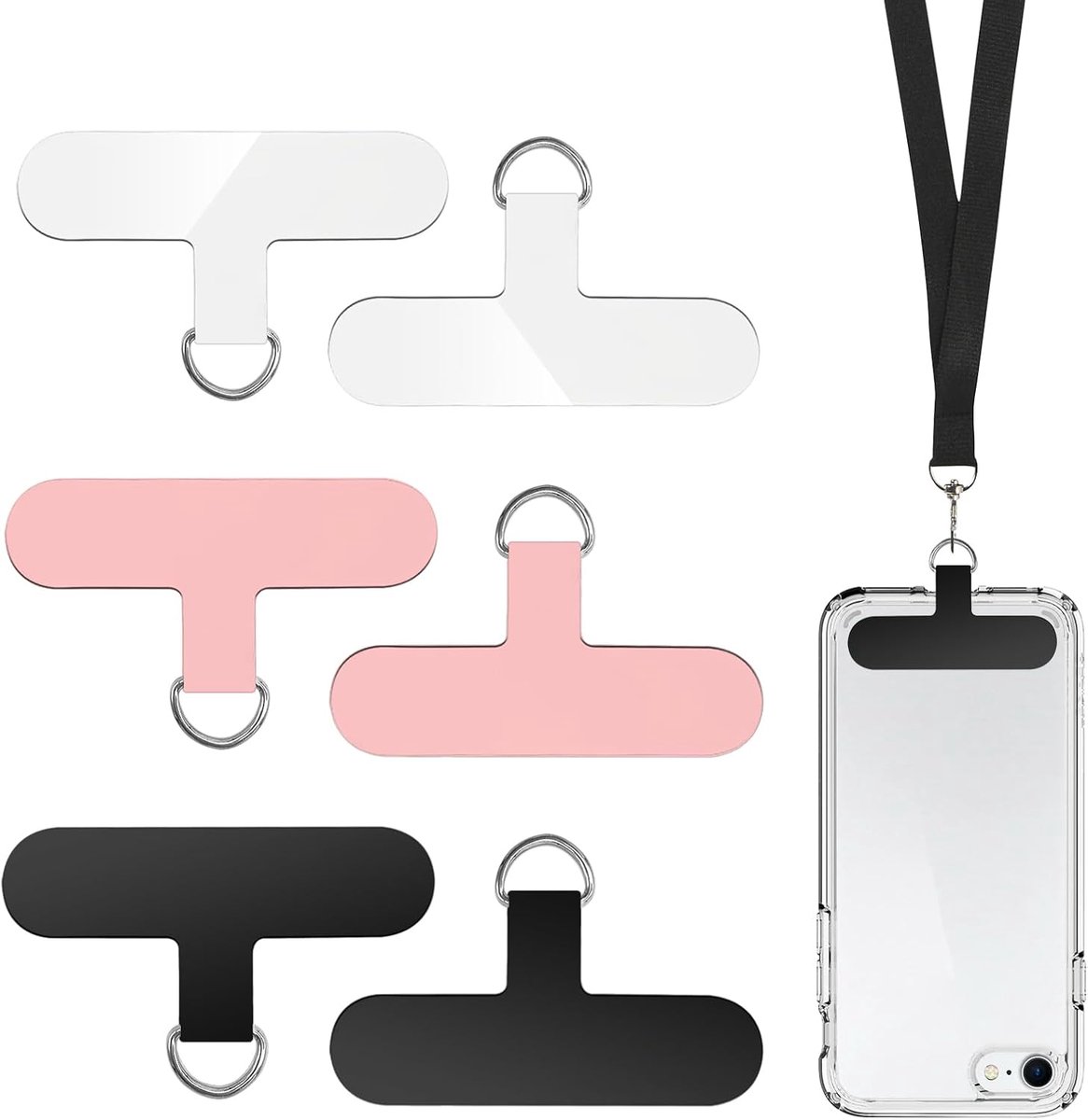 6 stuks mobiele telefoonkoord-patchpads, zonder lijm, universele telefoonbandhouder, multifunctioneel, voor de meeste mobiele telefoonhoesjes (transparant, zwart, roze)