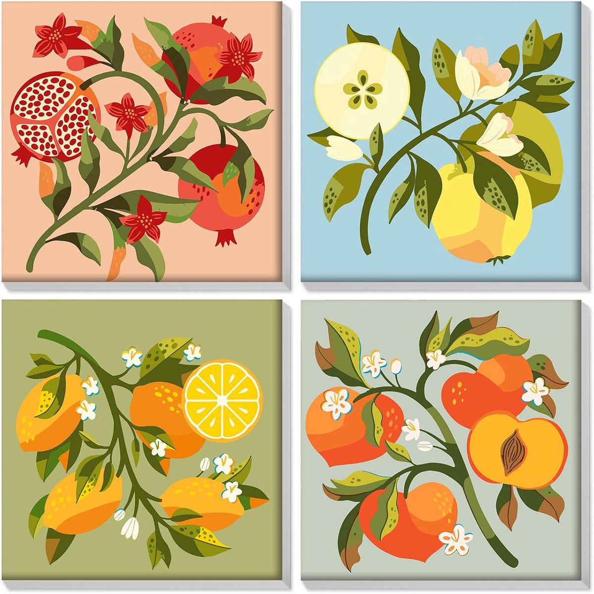 Ingelijste verf-op-nummer voor volwassen beginners, 4-pack fruit verf-op-nummer canvas voor beginners, volwassen DIY olieverf-op-nummer kits, bloemen schilderij kunst en ambacht voor