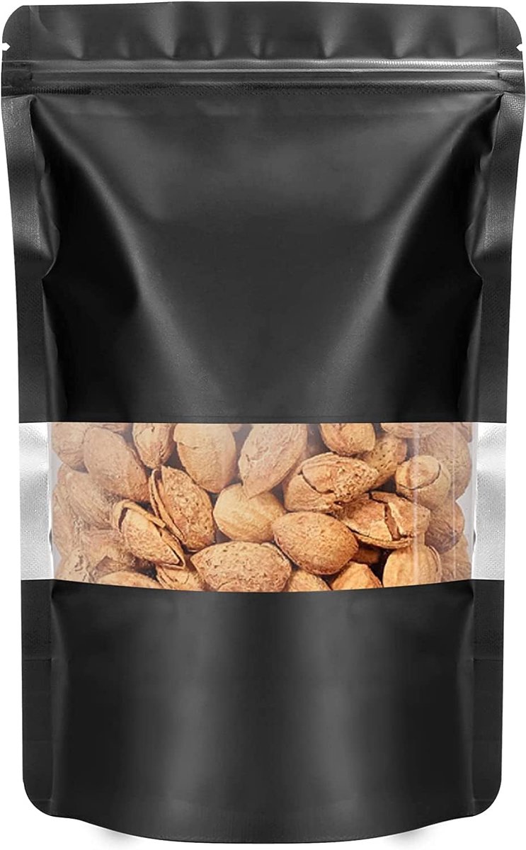 100 Pack Mylar zakken geurbestendige zakken, folie ritssluiting zakjes, hersluitbare opstaande verpakking zakjes voor voedselopslag, snoep, koekje, badzout (4,7 x 7,87 inch, zwart met venster)