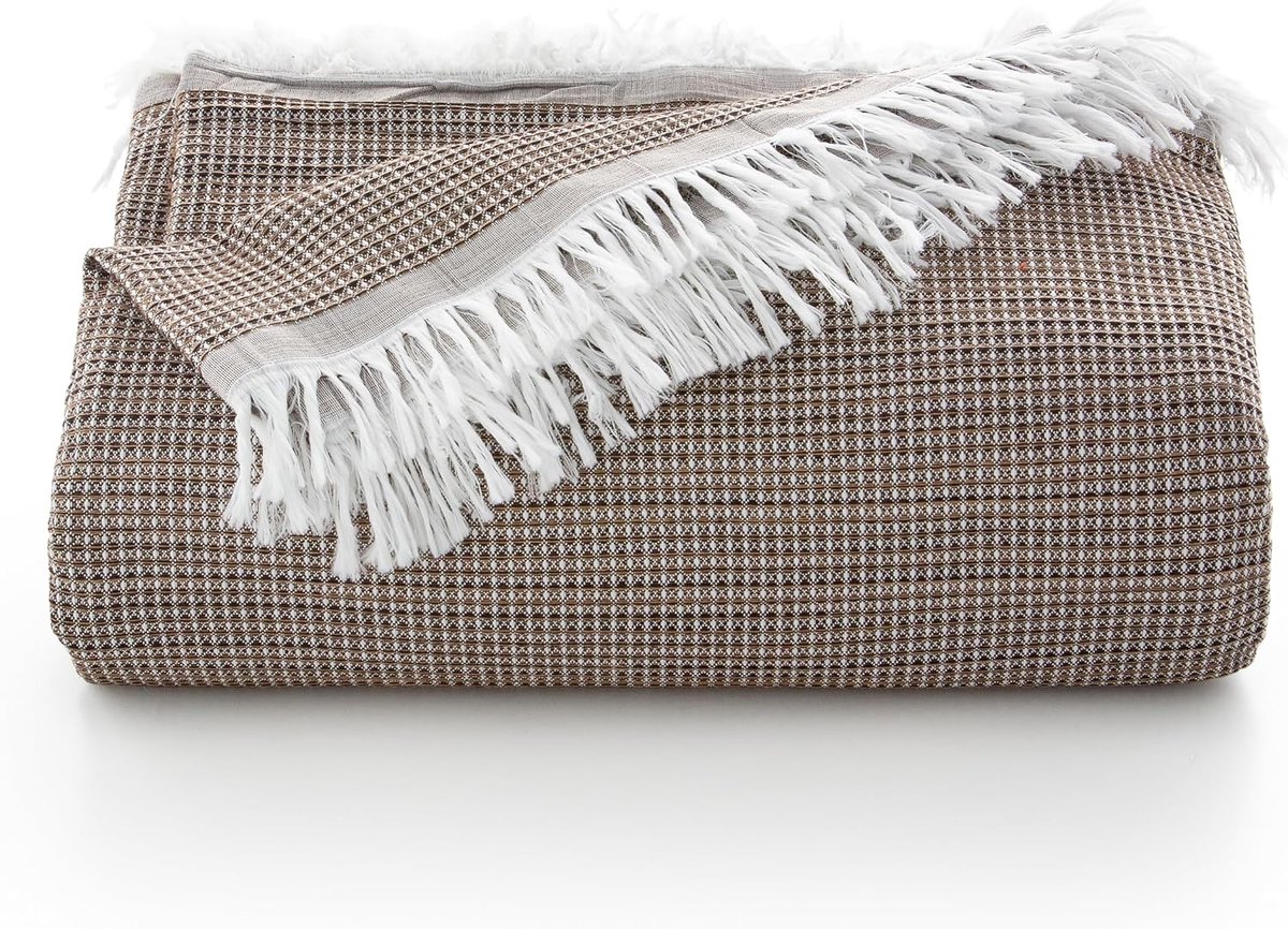Multifunctionele deken voor bed 90/105 cm en bank, 2-zits, katoen, zacht, ademend, honingraatpatroon, 180 x 280 cm, koffie