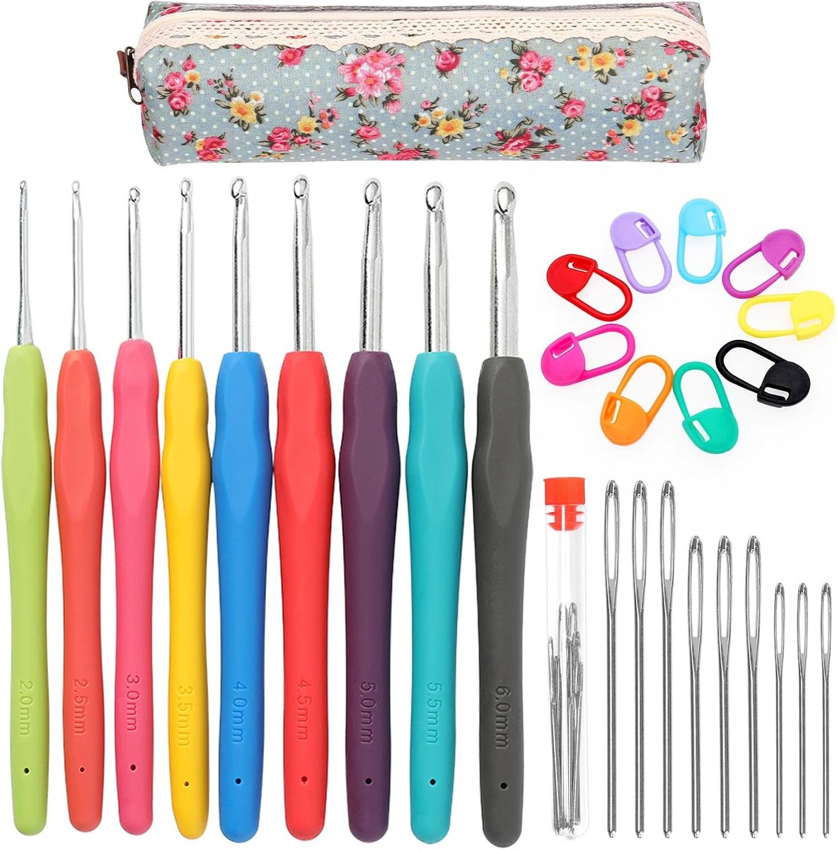 Set van 29 stuks, 9 maten, 9 kleuren, gelegeerd staal haaknaalden set met ergonomische handgreep, grote haaknaalden set, inclusief haaknaalden, garennaalden, steekmarkeringen, haaknaald etui