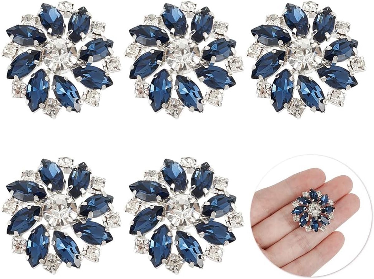 6 stuks 26,5 mm bloem messing strass schachtknoop met Montana blauwe kleur, 1-gat platte achterkant klauw sneeuwvlok metalen knoop voor naai-ambachten