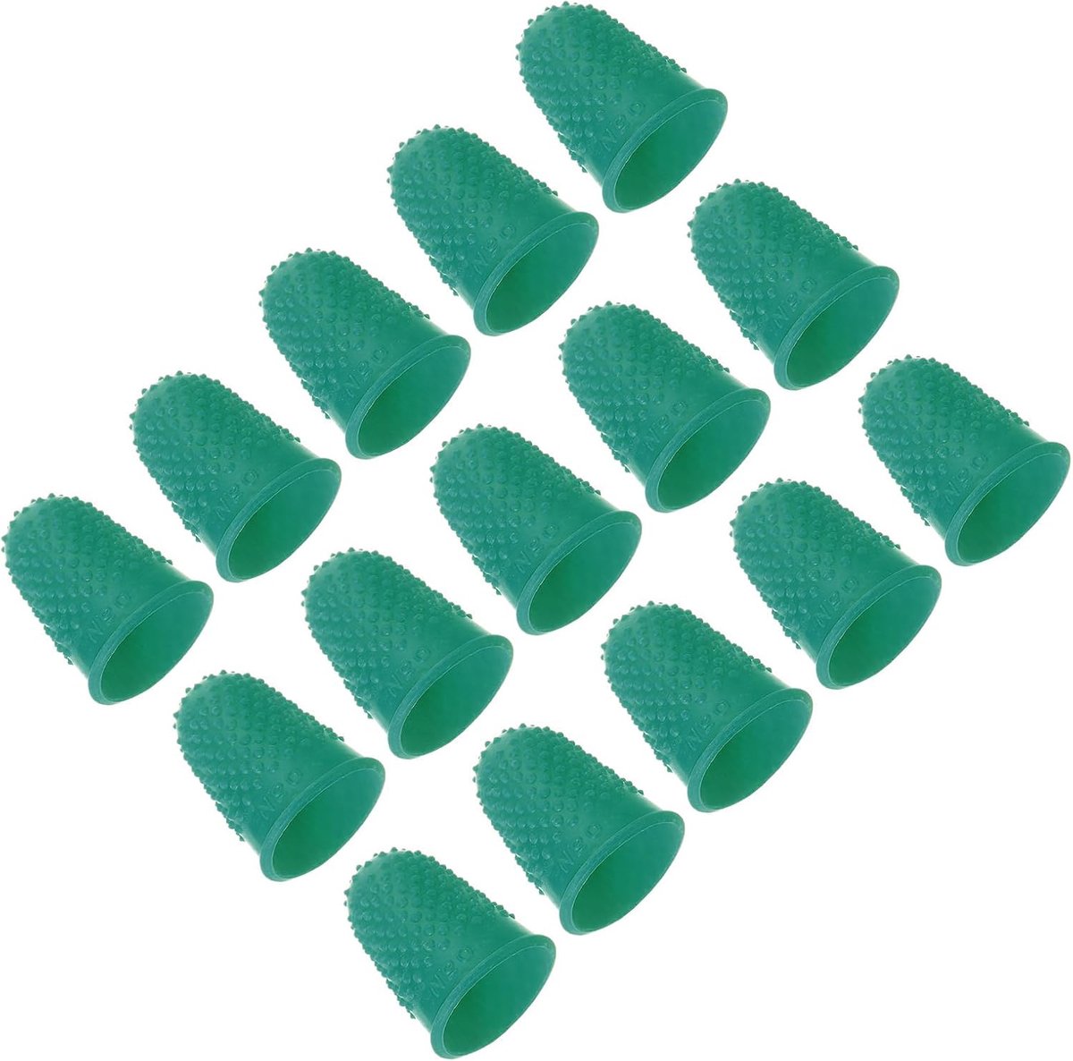 Rubberen vingertips, verpakking van 15 siliconen duimvingertopbescherming, vingerbedjes, beschermpads, vingerhoedjes, handgrepen voor kantoor, tellen, naaien, groen, maat S