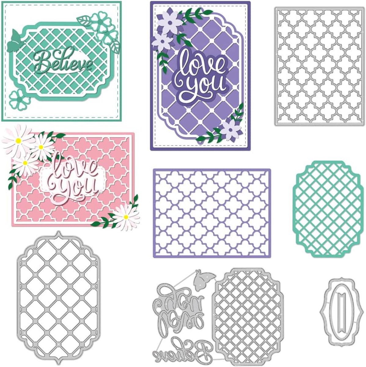 4 stuks 4 stijlen net kant frame stansvormen, rooster achtergrond metalen stansvormen voor doe-het-zelf papierhandwerk, kaarten maken, scrapbooking-decor