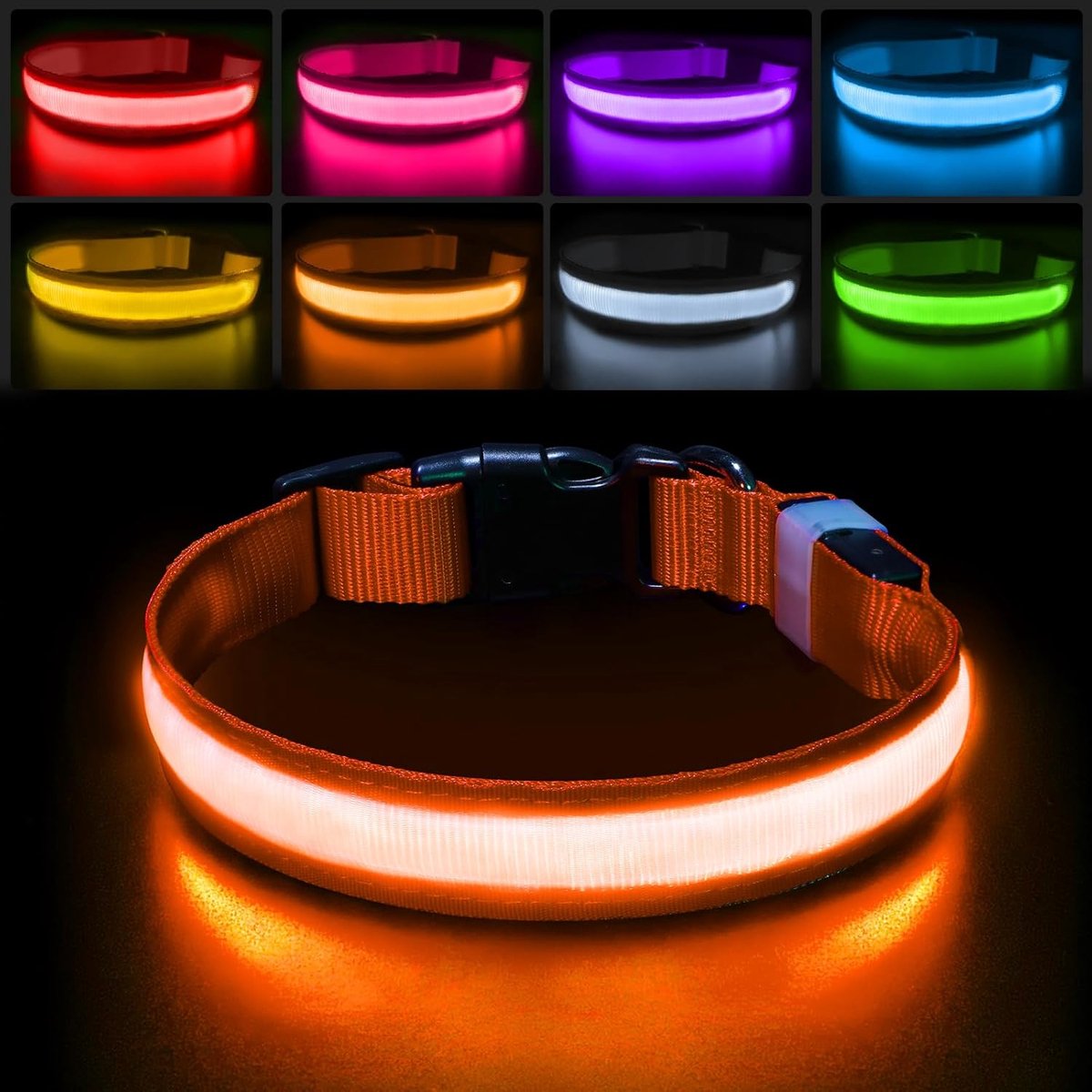 LED Hondenhalsband Oplaadbaar, LED Halsband 7 Kleurveranderingen Waterdichte Hondenhalsbanden met Licht, Aanpasbaar voor Kleine, Middelgrote Grote Honden, Oranje (7 modi)-L