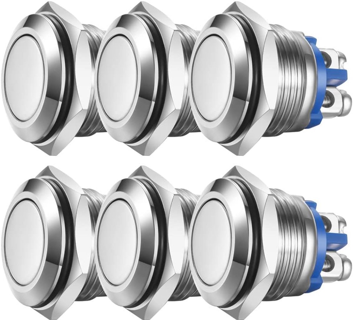 6 Stks 16mm Momentary Drukknop 3A/250VAC; 5A/12VAC Waterdichte Power-Drukknop Klein Rond Chroom Roestvrij Metaal 2-Pins N/O (Platte Kop)