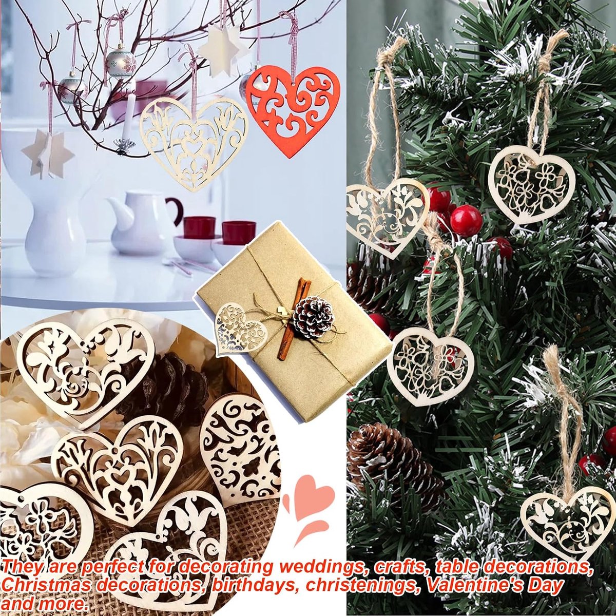 100 Houten Harten - Creatieve DIY Hartdecoraties voor Bruiloften, Knutselen en Tafeldecoratie voor Bruiloft, Kerst, Verjaardag, Doop, Valentijnsdag - Hartvormige Houten Schijven, 53mm