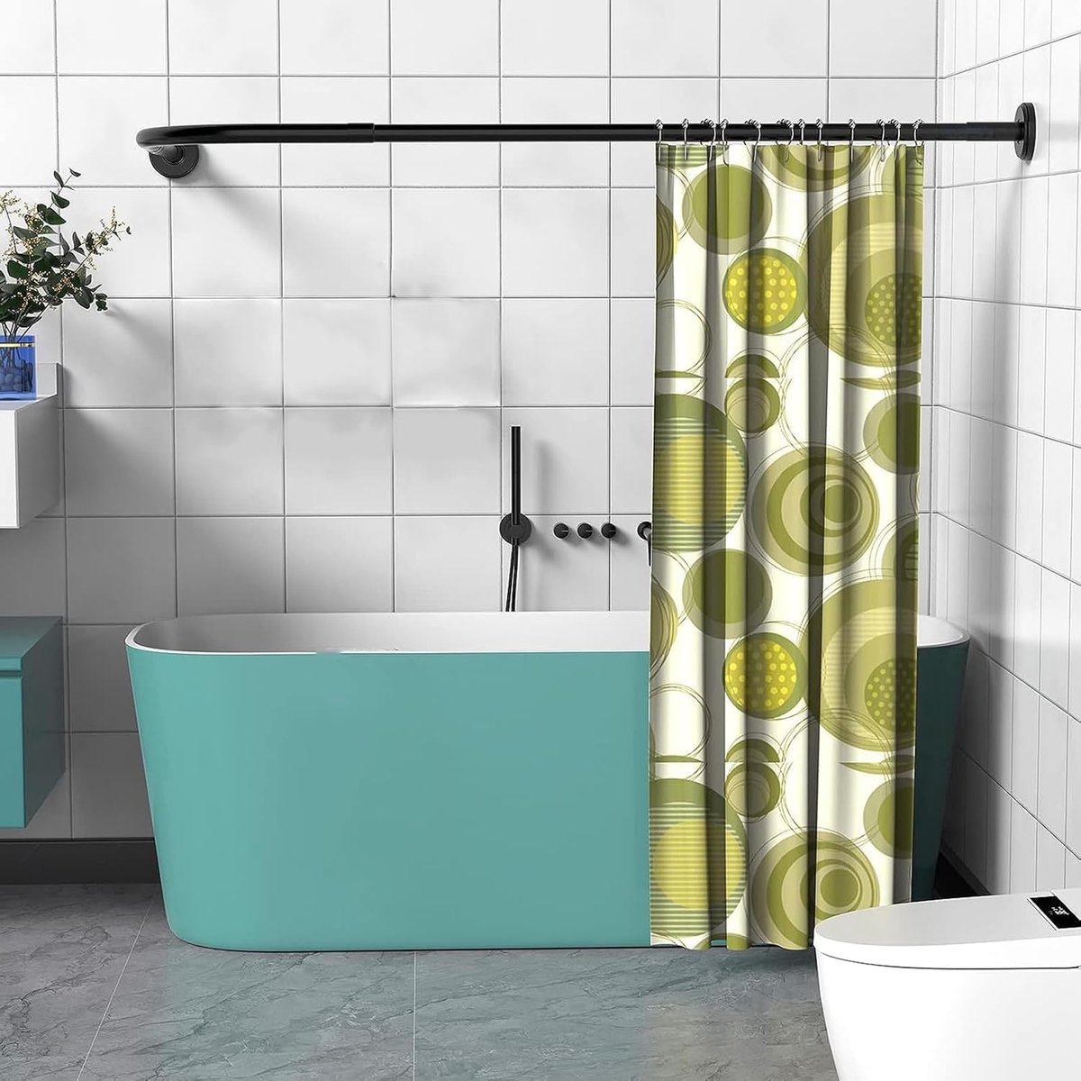 Hoek, Douchestang Zonder Boren, Douchegordijnstang Uitschuifbare Voor Badkamer, Bad, Prive Ruimte (Afmetingen: 70-95cm x 70-95cm.Kleur: zwart, L-vormig)