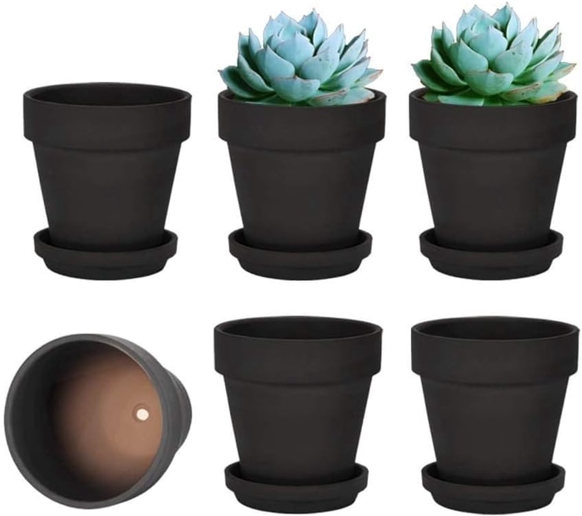 vensovo Zwarte kleipot van 10,16 cm voor plant met schotel - 6 stuks kleine terracotta plantenpot met afvoergat, bloempot met dienblad, terracotta pot voor binnen en buitenplant