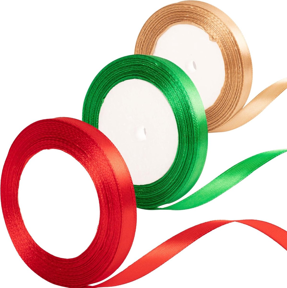 10 mm goud, rood en groen lint, kerstlint voor cadeauverpakking, 22 m, rood en groen lint, dun satijnen kerstlint voor kerstcadeauverpakking, lint, cadeautassen, taartstrik, knutseldecoratie