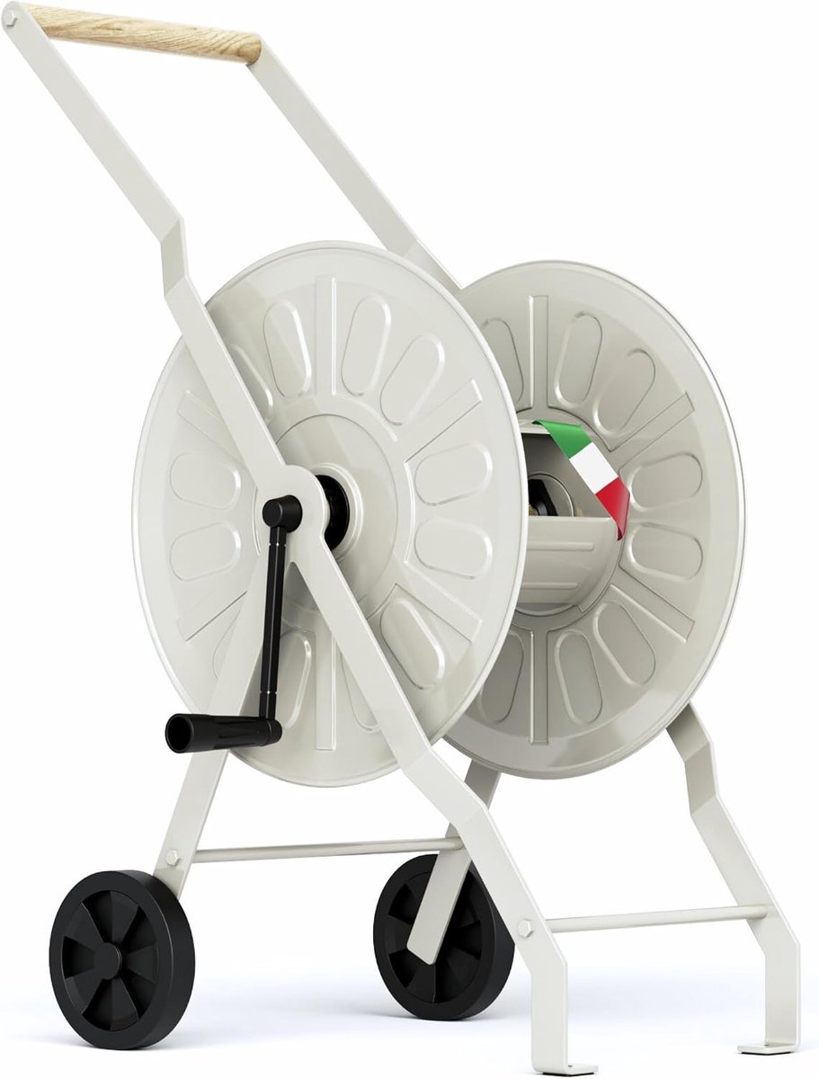 Slangenwagen Metaal, Premium Tuinslangwagen met poedercoating, Slangwagen tot 80m capaciteit, Slangtrommel gemaakt in Italië, Greige