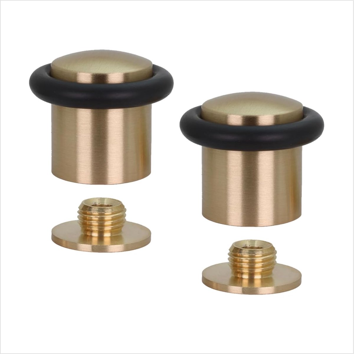 Herrajes | Set 2 Deurstopper Voor Vloer| Ø24x30 mm | Messing Satijnglans| Zwart rubber | Inclusief schroef + bevestigingsplug | Mod. I-108-MT