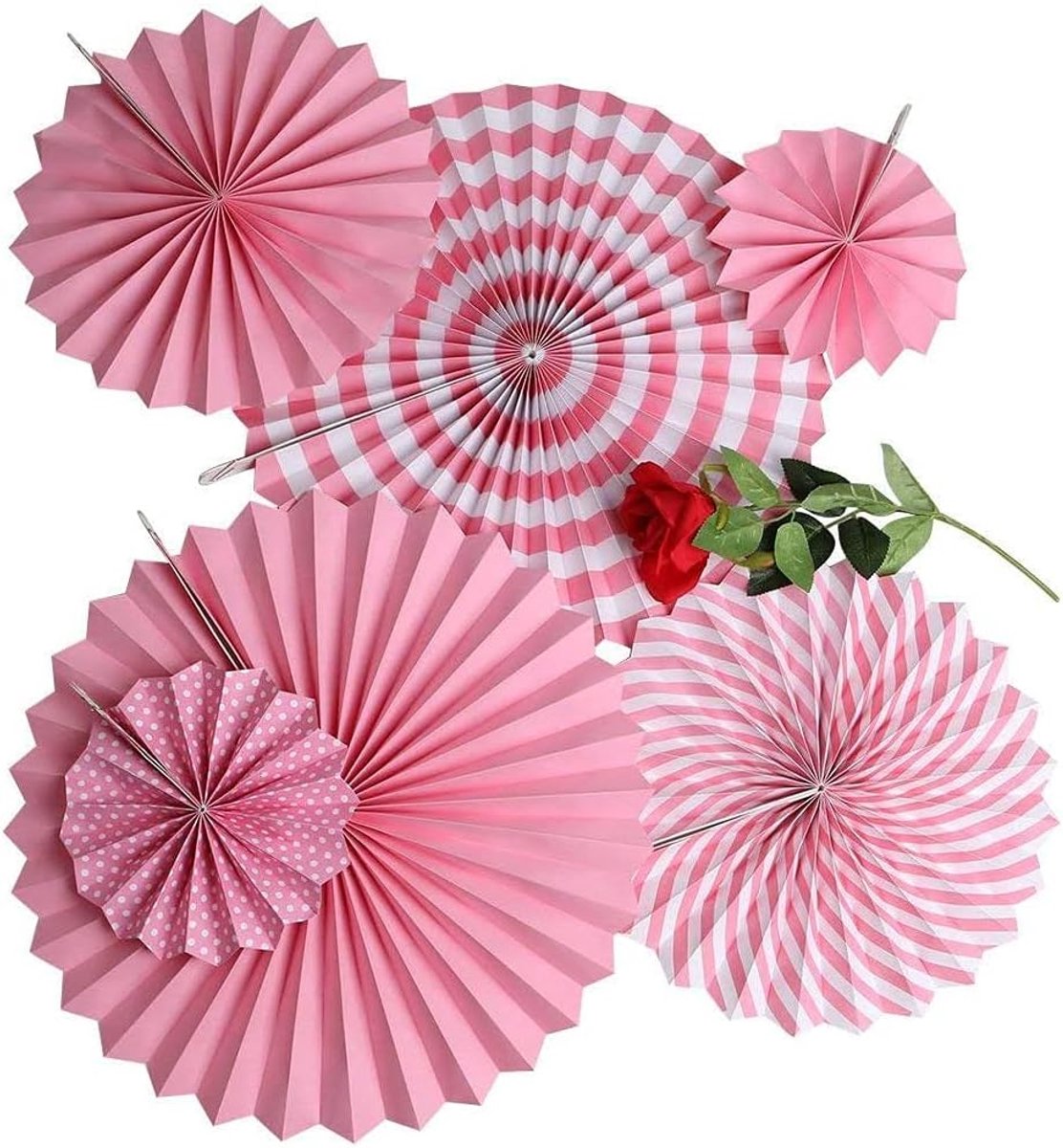 Set van 12 partij opknoping papieren fans set, ronde patroon papier slingers decoratie voor verjaardag bruiloft afstuderen evenementen accessoires roze