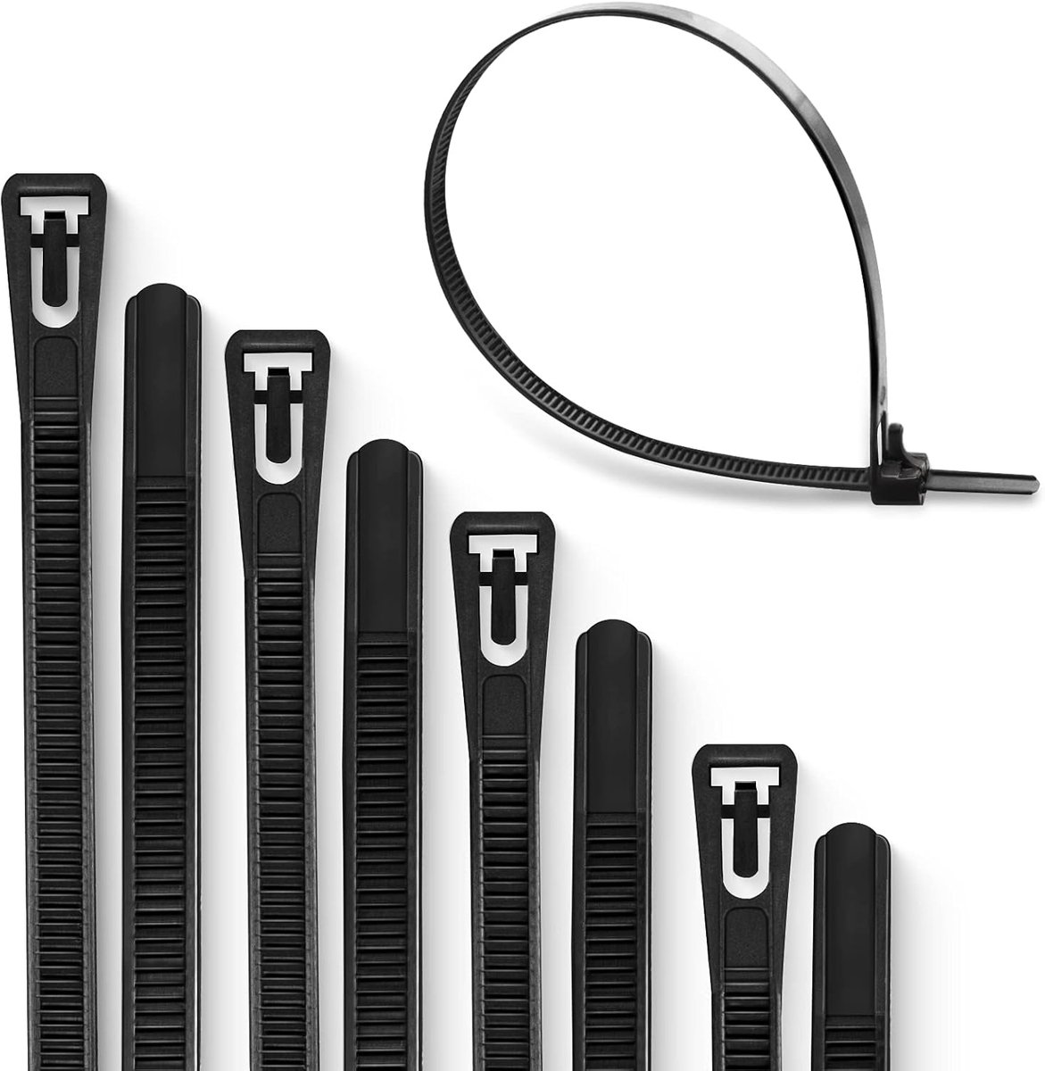 Kabelbinders, zwaar belastbare, herbruikbare stropdassen, sterke nylon ritsbanden (200 mm x 7,6 mm, zwart)