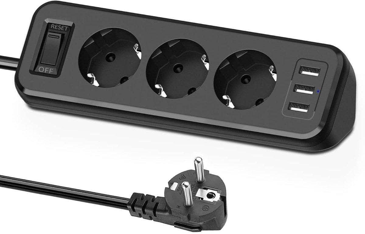 3-voudige stekkerdoos met 3 USB, multifunctioneel verdelerstopcontact, hoekstopcontact met schakelaar, meervoudig stopcontact, overbelastingsbeveiliging met 1,8 m verlengkabel voor keuken