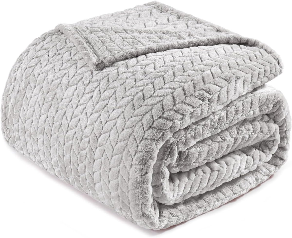 Mezcla King Size Flanel Fleece Deken, 230x265 CM Zachte Jacquard Weave Bladeren Patroon Fluwelen Pluche Bed Deken, Lichtgrijze Deken