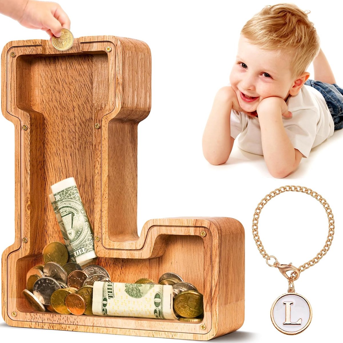 Houten Letter Piggy Bank| Spaarvarken voor Jongens Meisjes Peuter | Alfabet L Money Bank| Coin Bank Verjaardagscadeau voor kinderen|Kindercadeau (Initial-L)