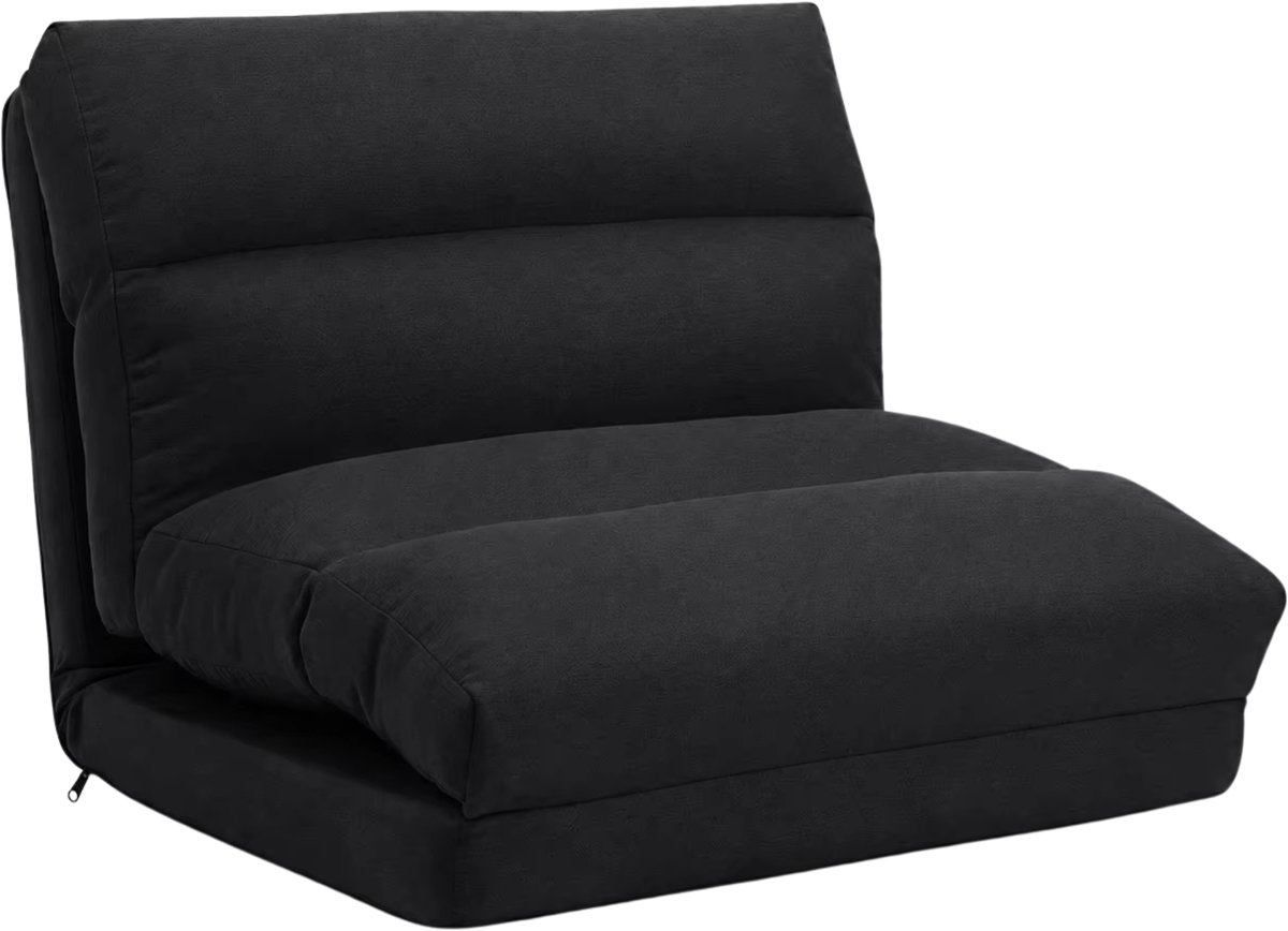 Vloersofa Fauteuil – 180° en Om te Bouwen tot Bed - Zwarte Polyesterstof - Verstelbare Rugleuning 90°