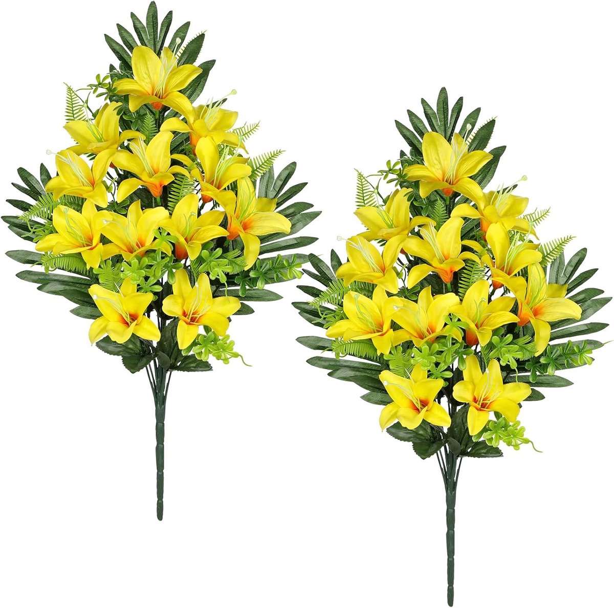 2 Stuks Kunstlelies Geel Boeket voor Graf - Nep Bloemen Memorial Flora Begraafplaats Arrangement en Graf Decoratie
