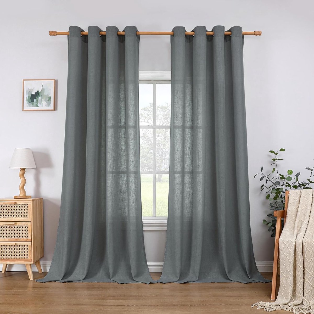 Linnen gordijnen met oogjes, landhuisstijl, voile gordijn, half-transparante gordijnen voor slaapkamer, kinderkamer, woonkamer, H 175 x B 140 cm, set van 2, grijs