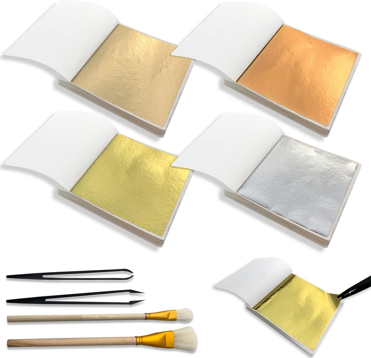 200 stuks imitatie bladbladset multifunctioneel bladbladpapier, met 2 wollen pennen en 2 plastic pincet voor kunst, knutselprojecten, huisverbetering, nagelkunst (K goud, roségoud, champagnegoud,