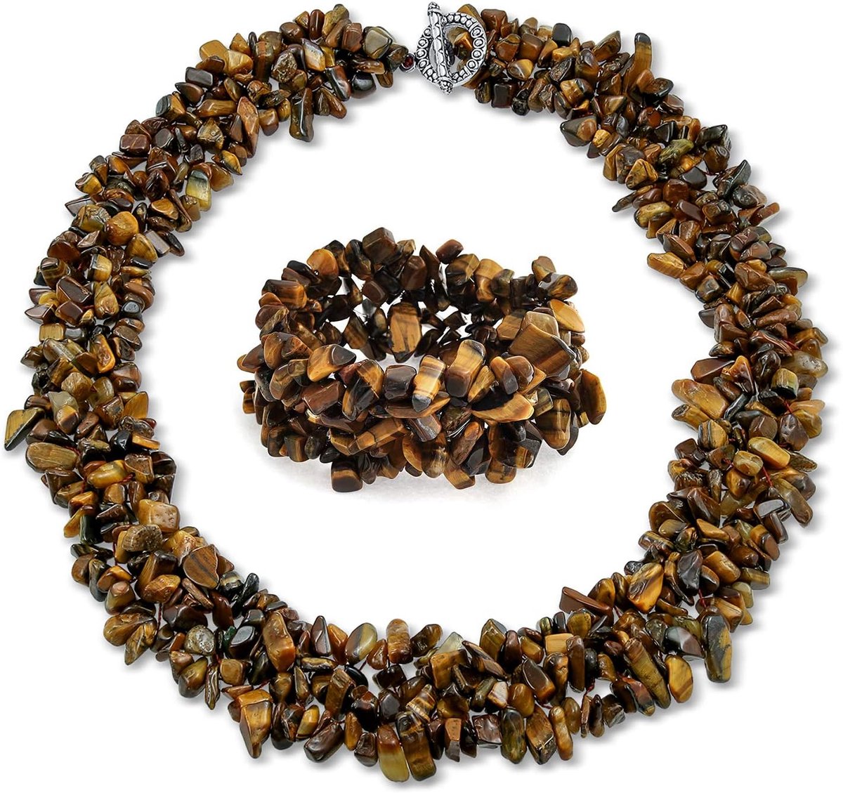 Jewelry Grote Brede Grove Bruine Tijgers Eye Stones Chips Statement Bib Ketting voor Vrouwen Kraag Stretch Armband voor Vrouwen Set 45 Inch, Eén maat, Metaal, Tijgeroog