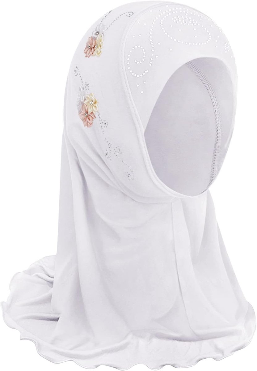 Meisjeshoofddoek voor kinderen, moslimitische hijab, klein meisje, moslim sjaal met bloemen, Arabië, islamitische hoofdkap, kleding, sjaal, zomer, stretch, tulband, gezichtssluier, wit, Eén maat