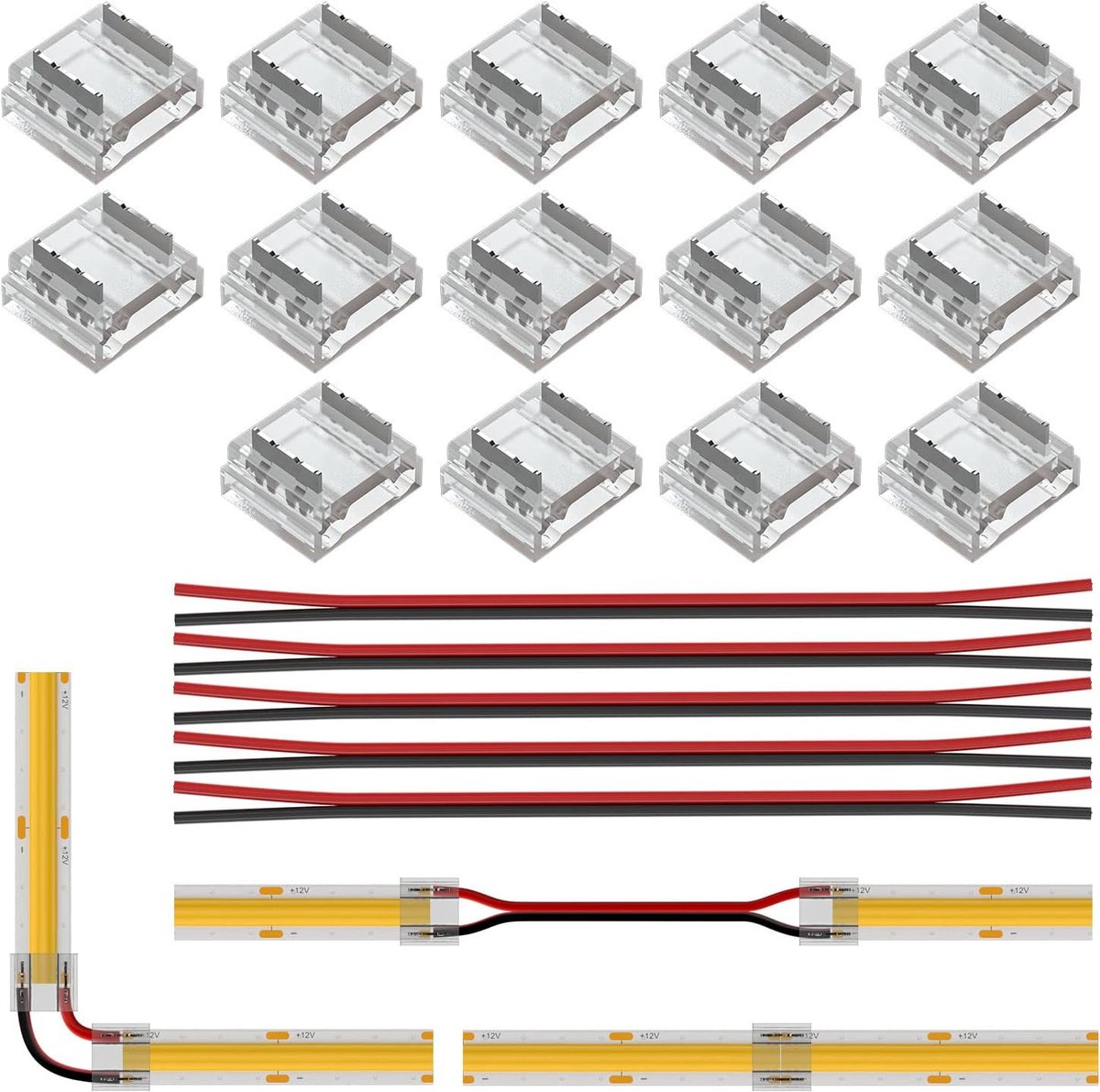 FCOB COB 10 mm 0,4 inch connector kit 14 stuks transparante connector 5 stks 15 cm lange 20AWG verlengkabel voor gapless solderen en FCOB LED-lichtstrip hoekverbindingen