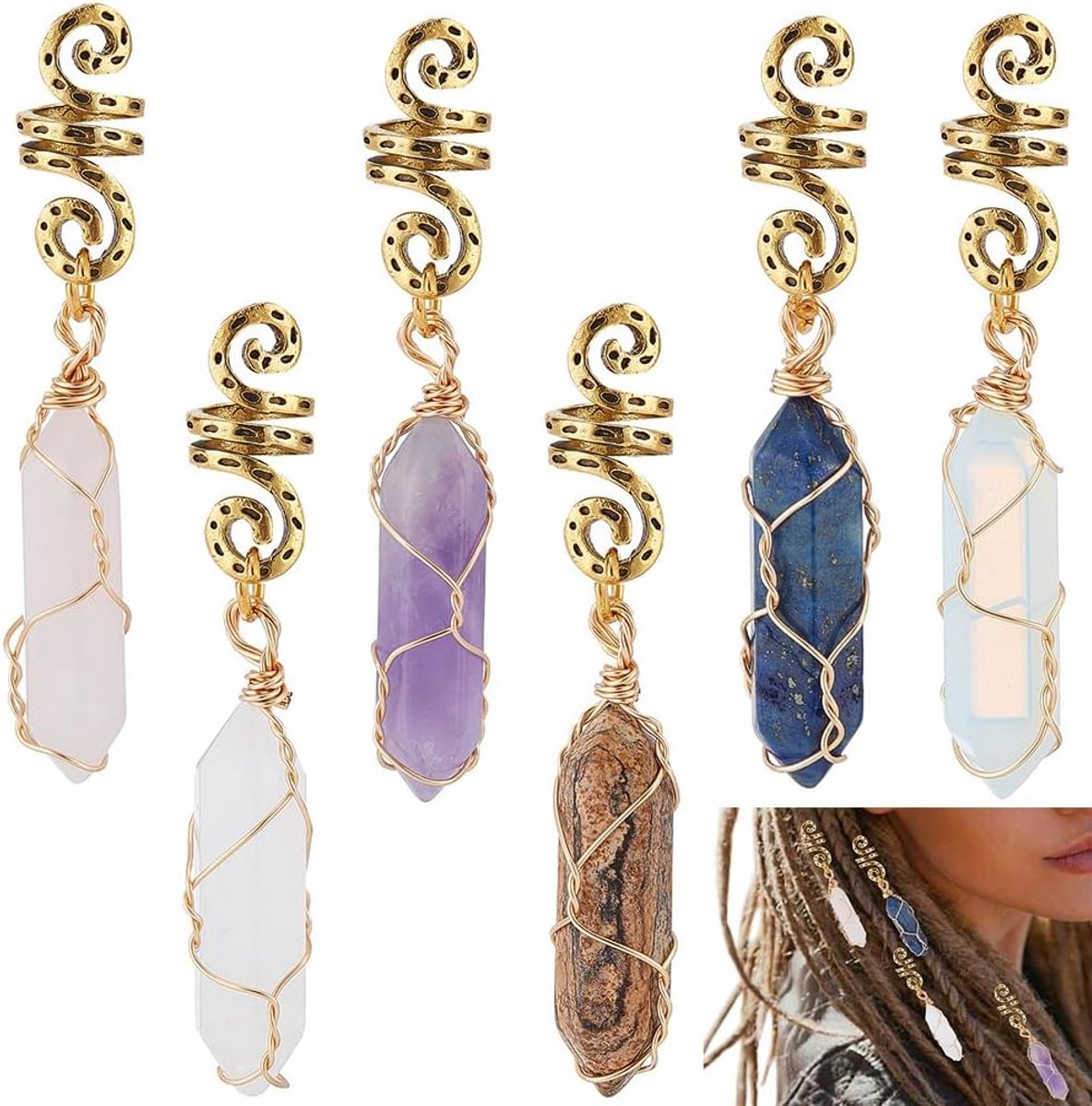 6 Stks 6 Kleuren Dreadlock Sieraden Hanger Kristal Edelsteen Dreadlock Accessoires Haar Ringen Haar Kralen voor Vlechten Manchetten Haarspeldjes Sieraden Decoratie Vlechten voor Vrouw Haar