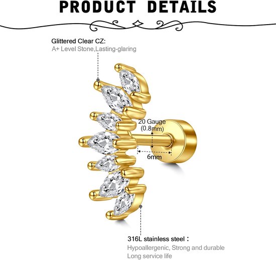 Kraakbeen-oorbellen met platte achterkant, 20G, roestvrij staal, 6 mm oorpiercing, oorbellen, oorstekers, helix tragus piercingsieraden — afbeelding 4