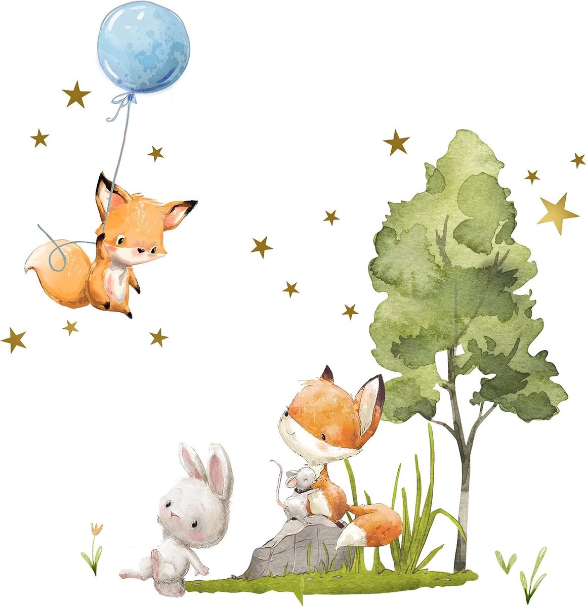 Deco Muursticker kinderkamer vos en muis, sterren en ballons, muurschildering 103 x 75 cm (b x h), speelkamer, uniseks decoratie, DL724